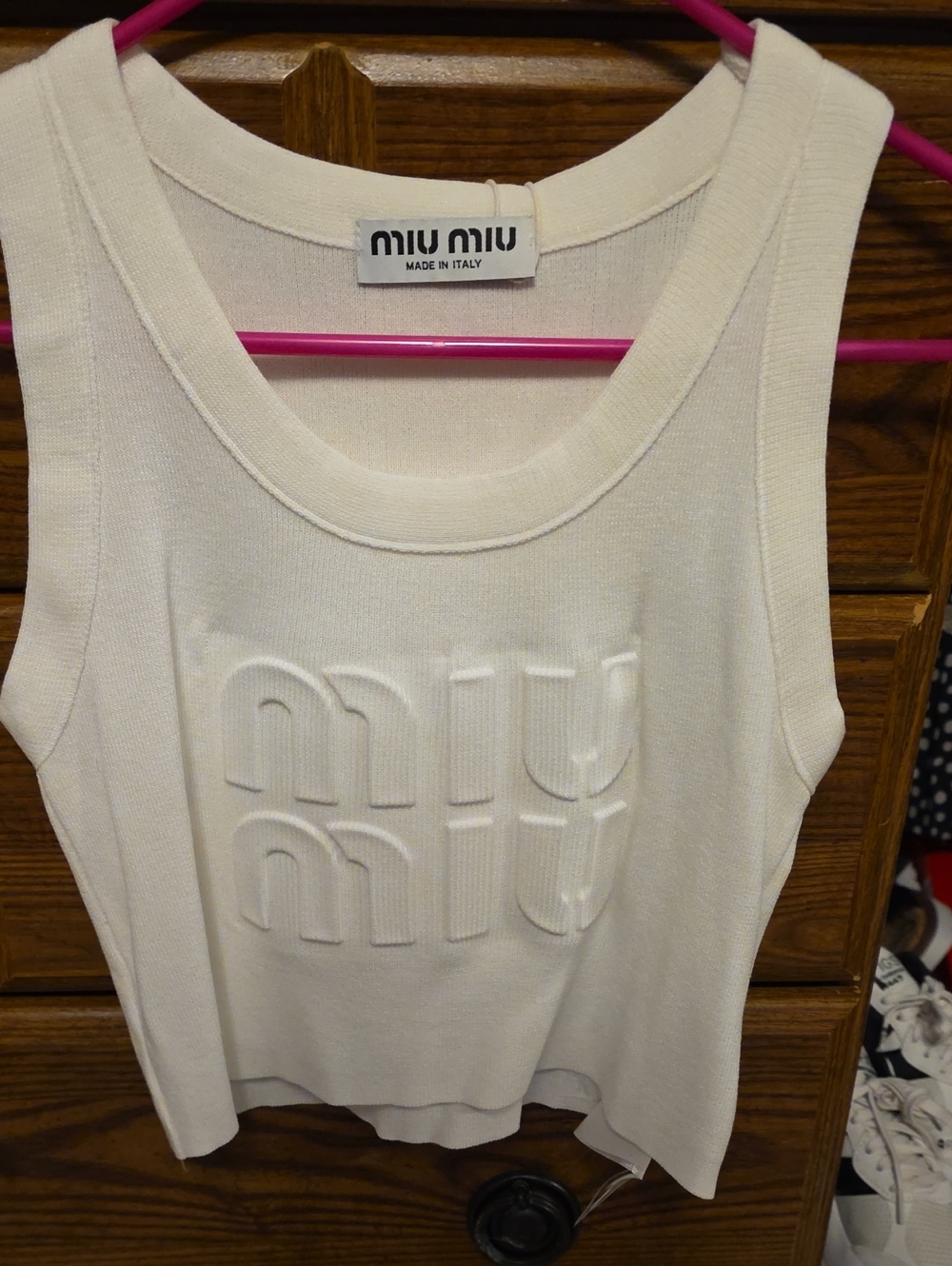 Miu Miu Cream Embossed Logo Knit Tank Top